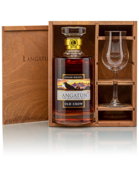 Langatun - Old Crow - Peated Single Malt Whisky - in Holzbox mit Stilglas - 46% - 50cl