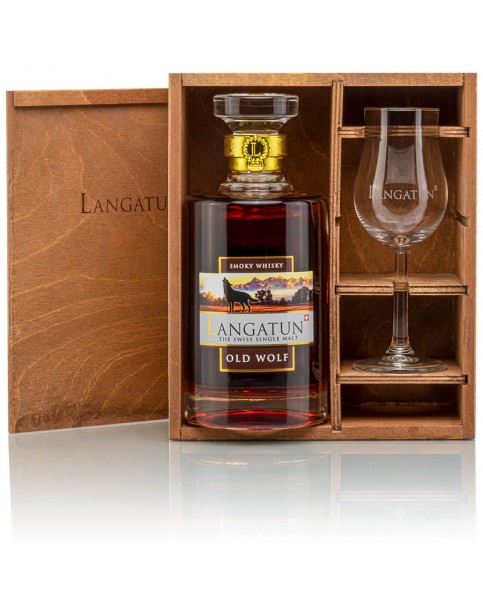 copy of Langatun - Old Wolf - Smoky Single Malt Whisky - in Wooden Box with Glass - 46% - 50cl