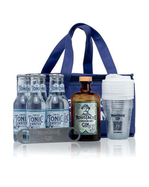 Moustache Gin Tonic Kühltasche - London Dry Gin - 43% - 50cl - Inkl. 6x 20cl Swiss Tonic Mit Becher Und Flaschenöffner