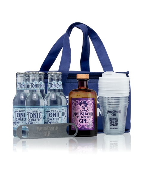 Moustache Gin Tonic Kühltasche - Wild Berry Gin - 43% - 50cl - Inkl. 6x 20cl Swiss Tonic Mit Becher Und Flaschenöffner